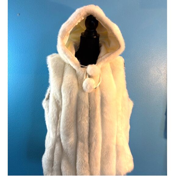 Nine West Ivory Faux Fur Vest Hood Pockets Zipper Close Pom Pom Drawstring XL L - Picture 1 of 8